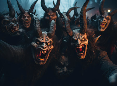 A group of people with horns at the Krampus Night festival look at the cameraの素材