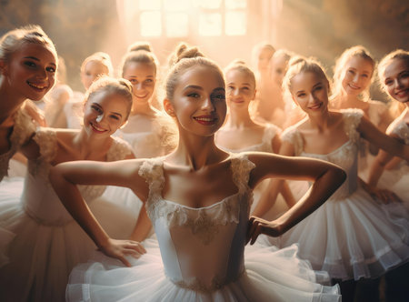 A group of teenage ballerinas in white clothes look at the cameraの素材