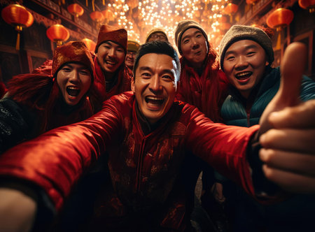 The people at the Lantern Festival in China looking at the cameraの素材