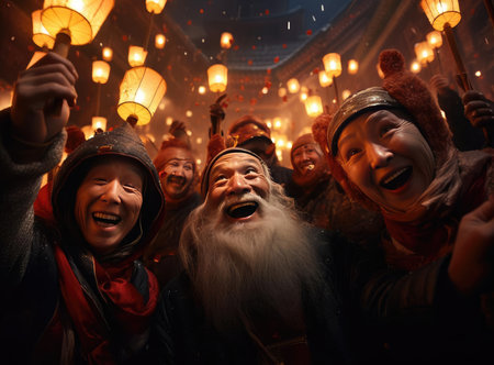 The people at the Lantern Festival in China looking at the cameraの素材