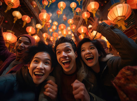 The people at the Lantern Festival in China looking at the cameraの素材