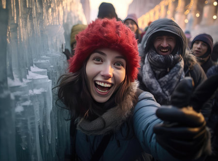 A group of people against the backdrop of the ice sculpture festival in Harbinの素材