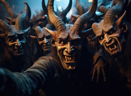 A group of people with horns at the Krampus Night festival look at the cameraの素材
