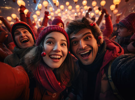 The people at the Lantern Festival in China looking at the cameraの素材