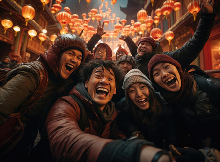 The people at the Lantern Festival in China looking at the cameraの素材
