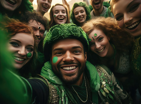 People in green clothes at St. Patricks Day look at the cameraの素材