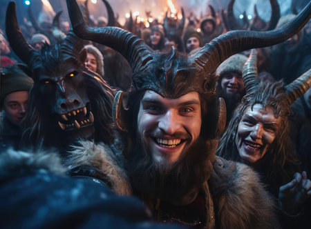 A group of people with horns at the Krampus Night festival look at the cameraの素材