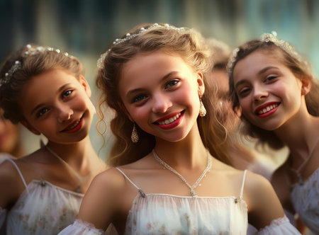 A group of teenage ballerinas in white clothes look at the cameraの素材