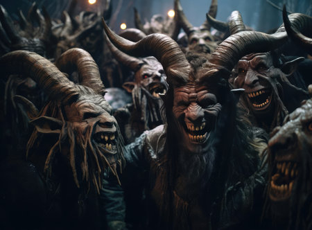 A group of people with horns at the Krampus Night festivalの素材
