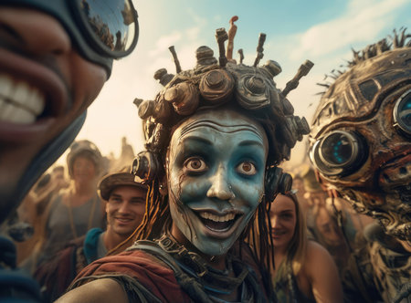 A group of people at the Burning Man celebration look at the cameraの素材