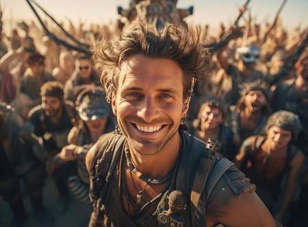 A group of people at the Burning Man celebrationの素材