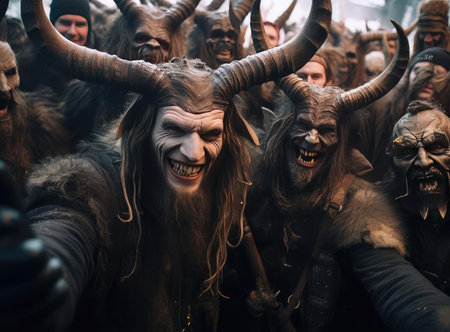 A group of people with horns at the Krampus Night festivalの素材