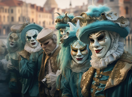 A group of people at a masquerade carnival in Veniceの素材