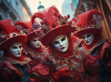 A group of people at a masquerade carnival in Veniceの素材