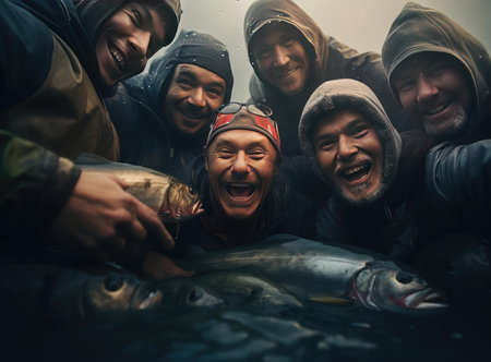 A group of fishermen holding troutの素材