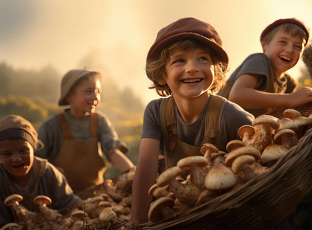 A group of mushroom pickers with mushroomsの素材
