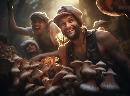 A group of mushroom pickers with mushroomsの素材