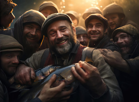 A group of fishermen holding troutの素材