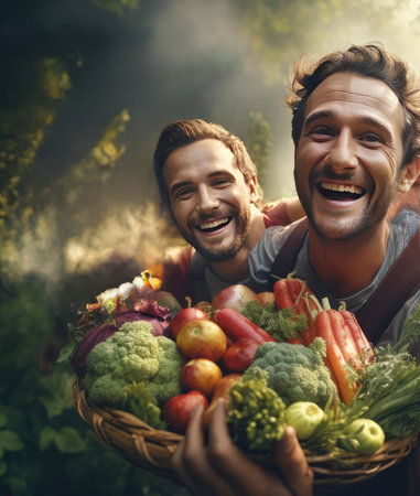 A group of farmers holding fresh vegetablesの素材