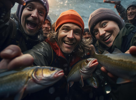 A group of fishermen holding troutの素材