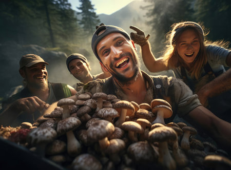 A group of mushroom pickers with mushroomsの素材