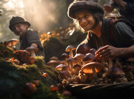 A group of mushroom pickers with mushroomsの素材