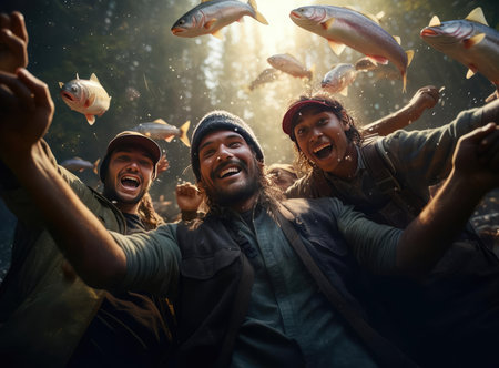 A group of fishermen holding troutの素材