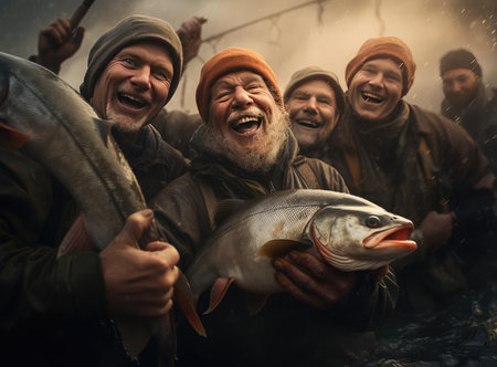 A group of fishermen holding troutの素材