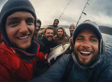 A group of fishermen holding troutの素材