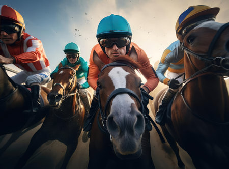 A group of jockeys with horsesの素材