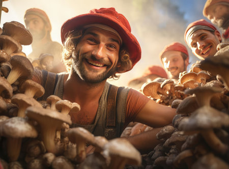 A group of mushroom pickers with mushroomsの素材