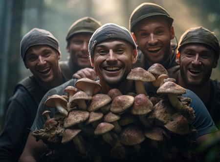 A group of mushroom pickers with mushroomsの素材