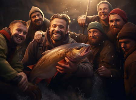 A group of fishermen holding troutの素材