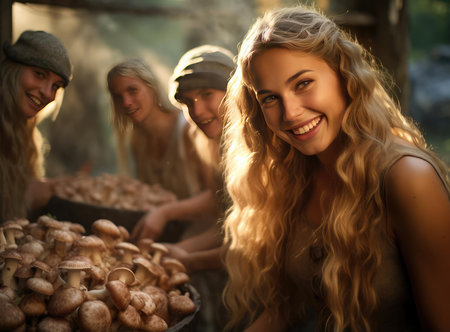 A group of mushroom pickers with mushroomsの素材