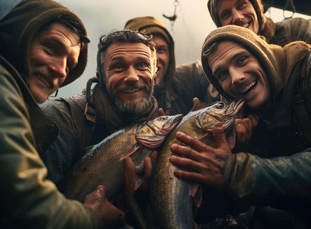 A group of fishermen holding troutの素材