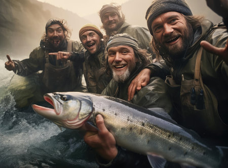 A group of fishermen holding troutの素材