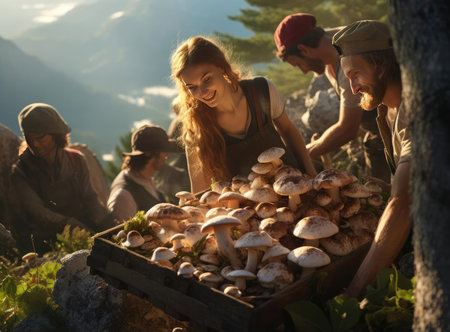 A group of mushroom pickers with mushroomsの素材