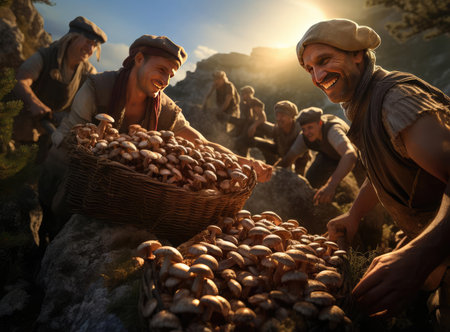A group of mushroom pickers with mushroomsの素材