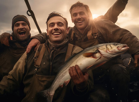 A group of fishermen holding troutの素材