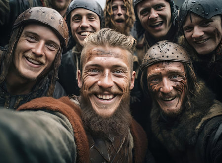 A group of people in Viking costumes at the festivalの素材