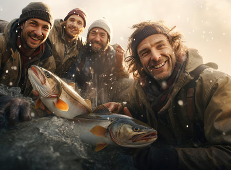 A group of fishermen holding troutの素材
