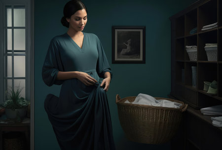 Young woman with laundryの素材