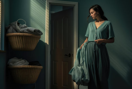 Young woman with laundryの素材