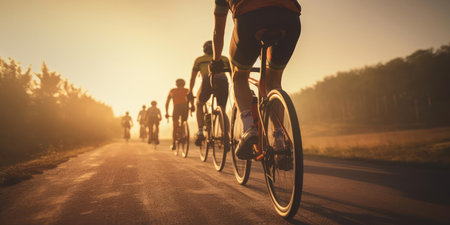 A group of cyclists at sunsetの素材