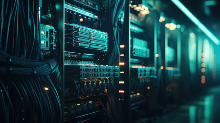 Server racks with equipment and wiresの素材
