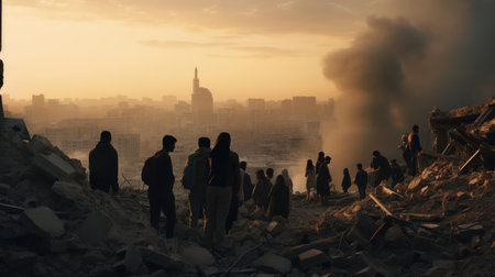 People on the street of a city destroyed by the elementsの素材