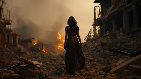 A woman walks through the ruins of the cityの素材