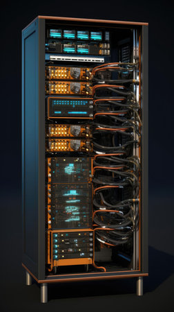Server racks with equipment and wiresの素材