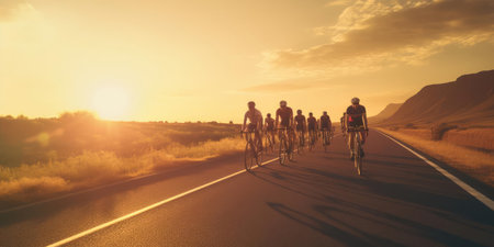 A group of cyclists at sunsetの素材