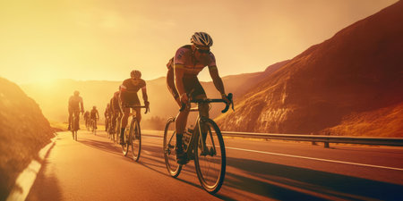 A group of cyclists at sunsetの素材